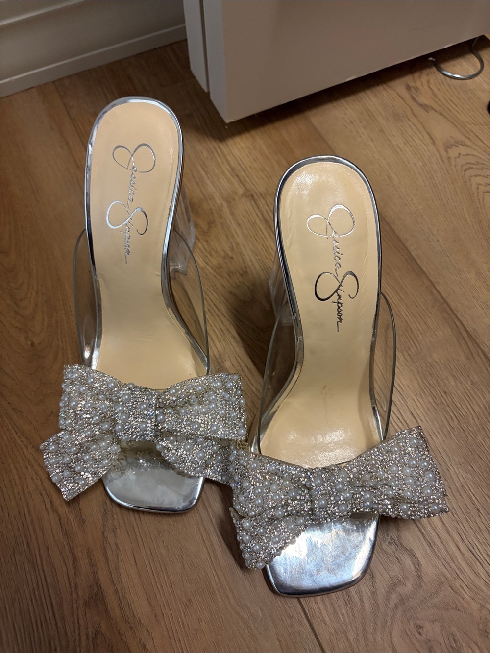 Jessica Simpson Silver Crystal Bow Clear-Heel Sandals
